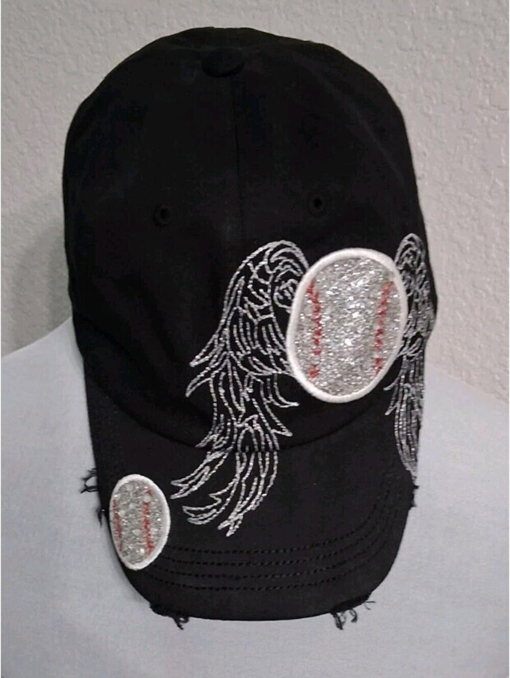 Pit Bull, Black, Metallic Stitched Wings, Distressed, Crystal, Baseballs, Cap